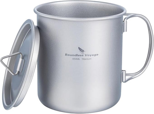 iBasingo 450ml Titanium Mug with Lid Tea Coffee Water Cup Outdoor Camping Pot Ultra-light Portable Hiking Backpacking Cooking Kit Picnic Tableware Drinkware with Foldable Handle Ti3026D