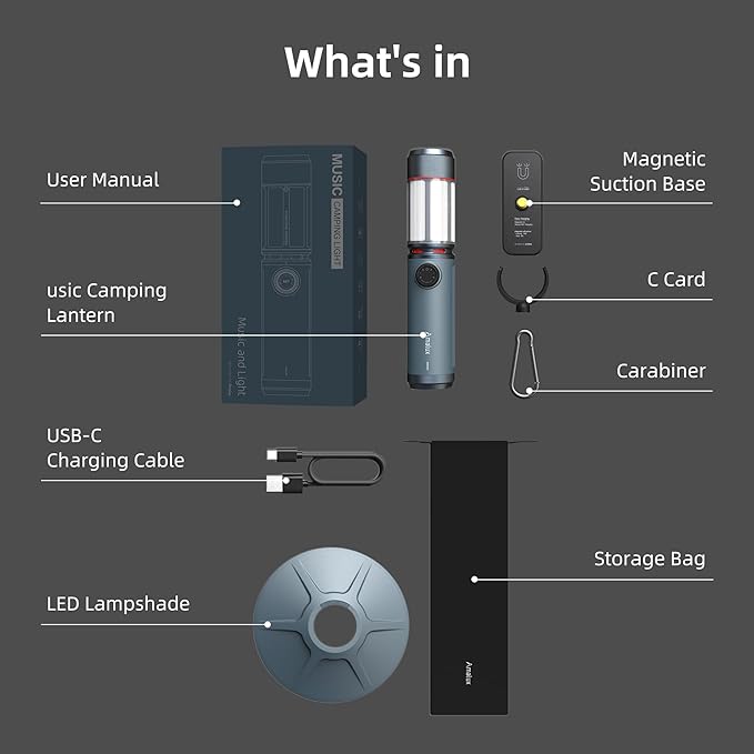 8 in 1 Camping Lantern with Mini Speaker, Built-in Rechargeable 5000mAh Power Bank, LED Music Camping Lights,Portable1000lm Flashlight, SOS, IP54 Waterproof