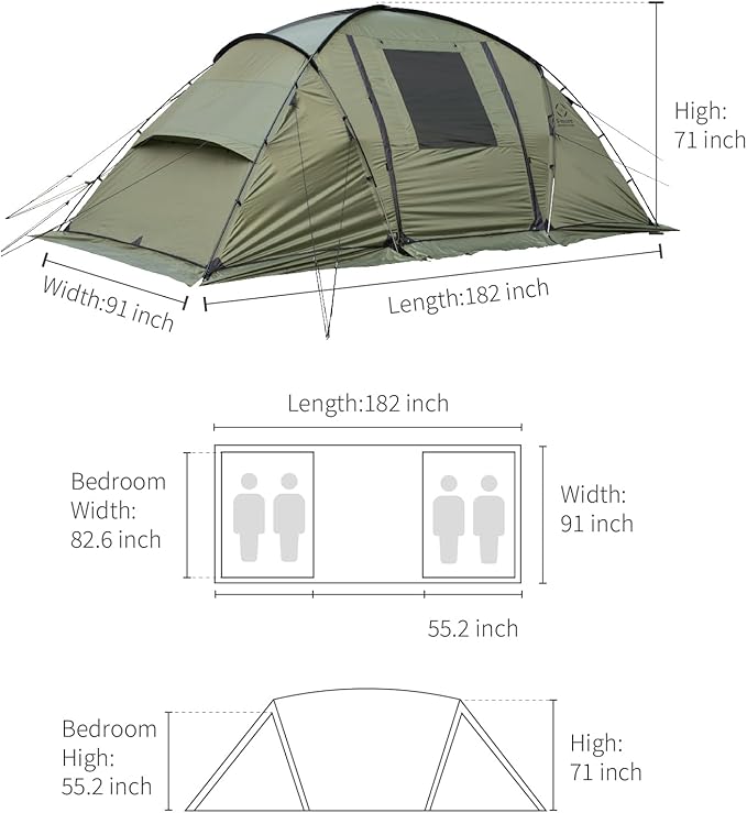 S'More Glamping Tent with Porch, 2/3/4/5/6 Person Durable Weatherproof Camping Tent, Large Family Tent with Room Divider, Easy Setup Tent with Screen Room