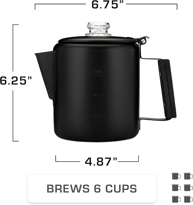 COLETTI Black Bozeman Percolator Coffee Pot — Camping Coffee Pot, Coffee Percolator – America’s Sleekest Percolator – Pure Stainless Steel, NO Aluminum or Plastic (6 Cup)