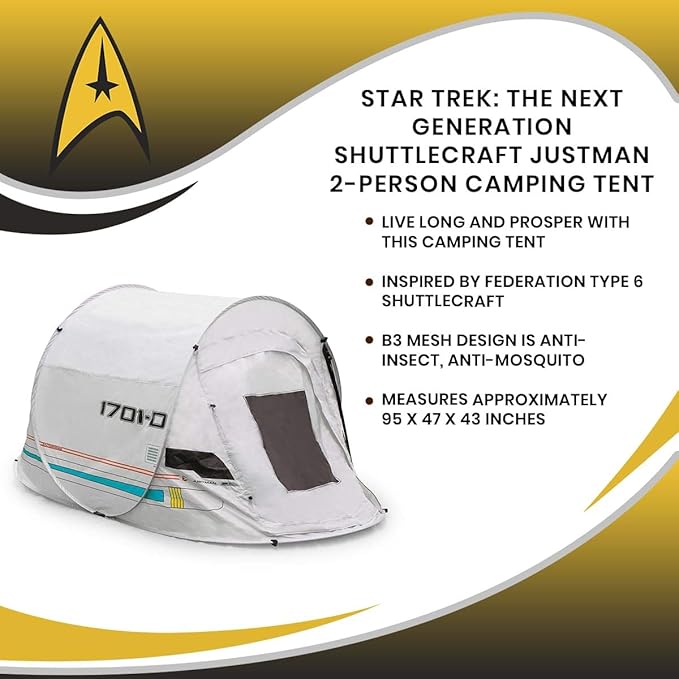 Star Trek: The Next Generation Shuttlecraft Justman 2-Person Camping Tent | Indoor And Outdoor Activities | Pop-Up Camping Tents & Shelters, Accessories | 95 x 47 x 43 Inches