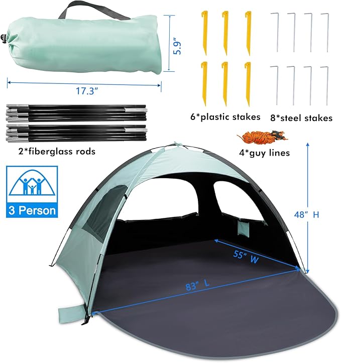 WhiteFang Beach Tent Anti-UV Portable Sun Shade Shelter for 3/4/6/8 Person, Extendable Floor with 3 Ventilating Mesh Windows Plus Carrying Bag, Stakes and Guy Lines