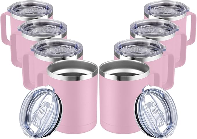 MEWAY 12oz Coffee Mug With Handle and Sliding Lid,Stainless Steel Travel Tumbler Cup with Handle,Double Wall Vacuum Insulated Camping Cup for Hot & Cold Drinks Tea (Pink,Set of 8)