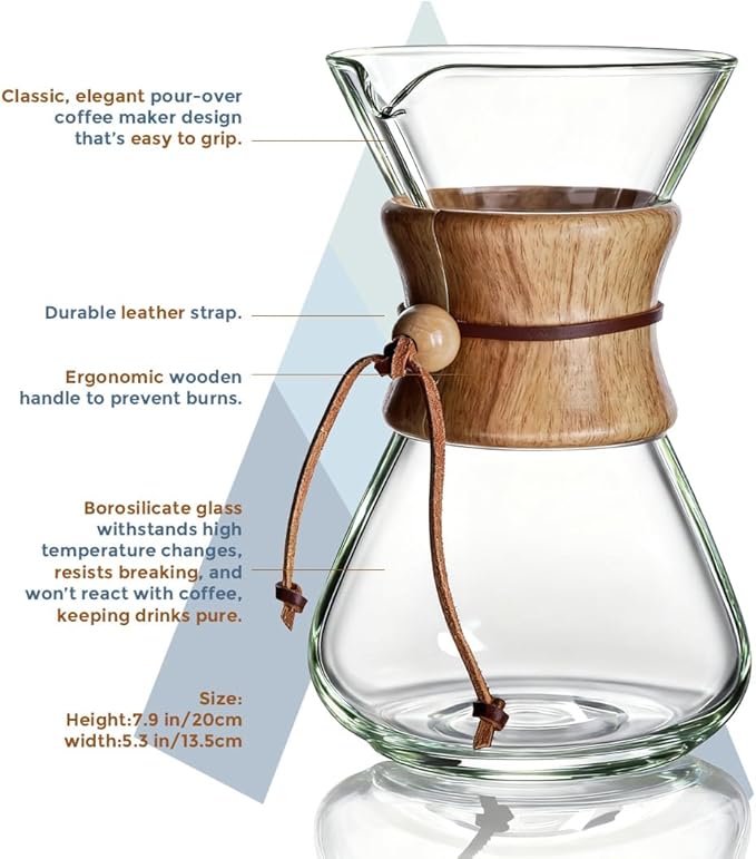 AGOGO Pour Over Coffee Maker Glass - 6/8/10 Cup Barista Kit with 304 Stainless Filter for Home, Office, Camping, Cafes - Easy Clean Coffee Dripper Set (Rag&Brush Included) (8 Cup/28 oz-Slim Shape)