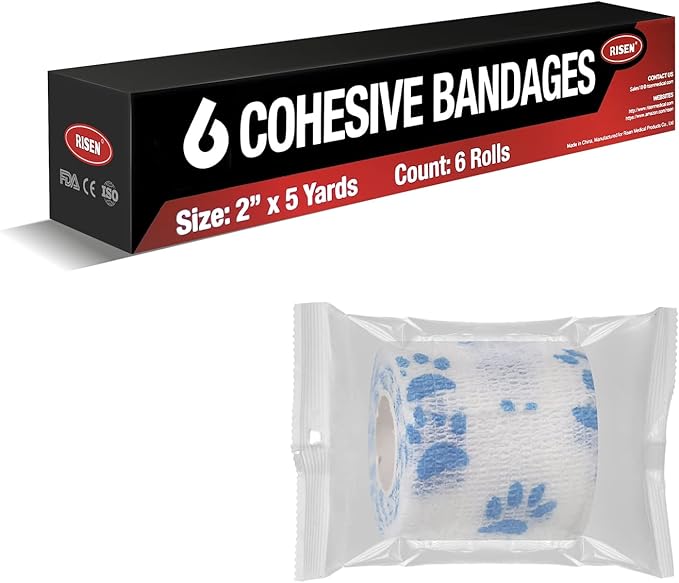 Risen Self Adhesive Bandage Wrap 6 Pack,2”x 5 Yards Medical Tape for Christmas Gifts,Gauze Rolls First Aid Vet Wrap Adherent Bandages for Sports,Dogs Pet (White Paw)
