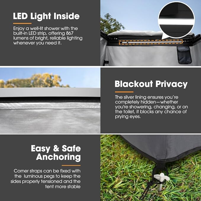 SanHima Awning Shower Tent with 90° Swning Arm - Car Side Shower Room w/LED Light, Camping Waterproof Portable Privacy Shelter Bathroom Overland, Gray