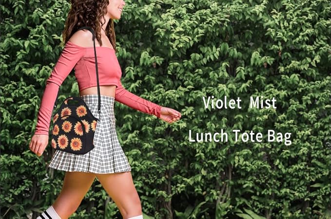 Violet Mist Neoprene Floral Lunch Bag, Sunflower, 12.6"L x 11.8"H x 6.3"W, Adjustable Shoulder Strap, Waterproof, Eco-Friendly