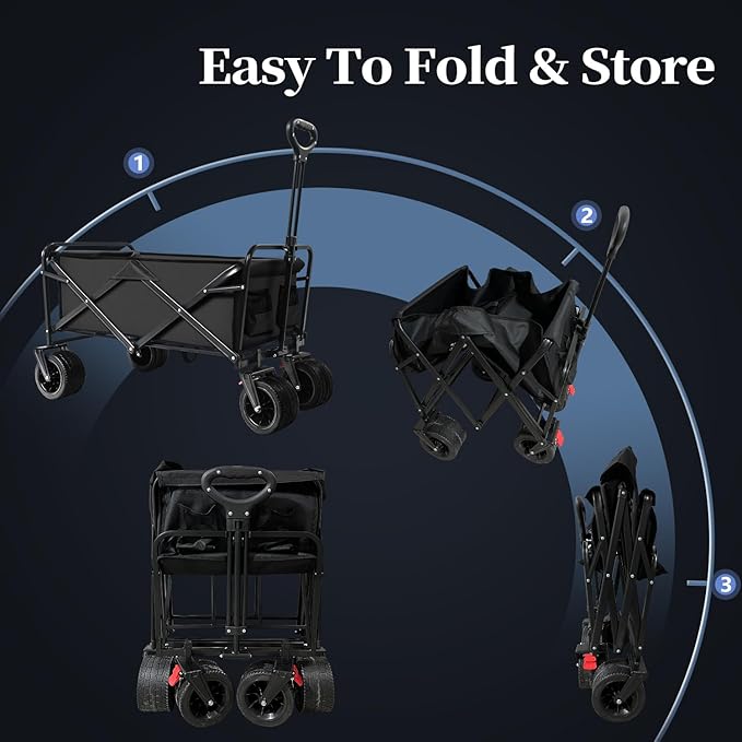 Collapsible Folding Wagon, Capacity 300lbs Heavy Duty Foldable Cart with Two Drink Holders, Portable Utility Grocery Wagon for Camping Shopping Sports, Black