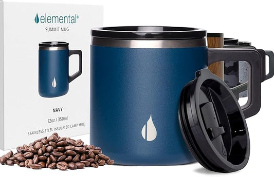 Elemental Insulated Coffee Mug - Triple-Wall Stainless Steel Summit Travel Cup for Hot and Cold Drinks - Thermal Coffee Mug with Lid and Handle for Camping, Office & Travel 12oz - Navy Blue