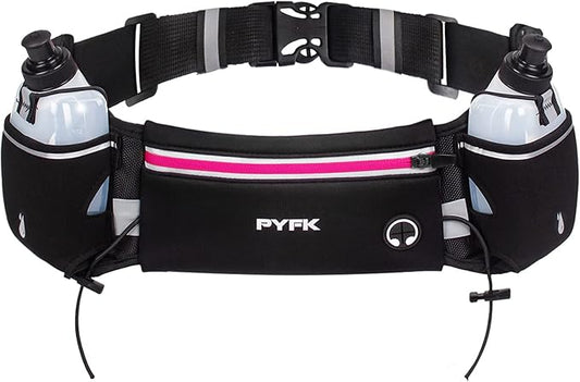 PYFK Upgraded Running Belt with Water Bottles, Hydration Belt for Men and Women, Water Bottle Holder Running Pouch Belt, Fanny Pack Fits 7 inches Phones, Waist pack for Running Hiking Climbing