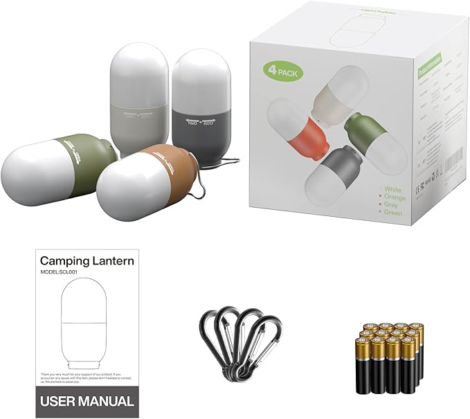 RECHOO Camping Essentials, 4 Pack Camping Lantern for Power Outages, Portable Camping Tent Lights with Clip Hook for Outdoor, Survival Gear for Hurricane, Emergency Supplies (Battery Included)