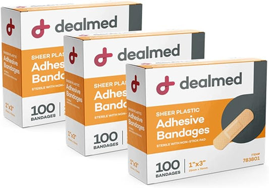 Dealmed Sheer Plastic Flexible Adhesive Bandages – 100 Count (3 Pack) Bandages with Non-Stick Pad, Latex Free, Wound Care for First Aid Kit, 1" x 3"