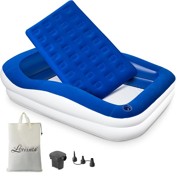 Inflatable Toddler Travel Bed – Portable Toddler Bed with Safety Bumpers, Toddler Floor Bed for Travel, Camping, Sleepovers – Kids Blow Up Bed with Pump & Carry Bag