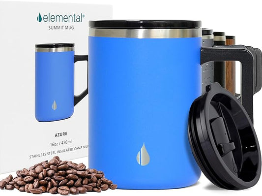 Elemental Insulated Coffee Mug - Triple-Wall Stainless Steel Summit Travel Cup for Hot and Cold Drinks - Thermal Coffee Mug with Lid and Handle for Camping, Office & Travel 16oz - Azure