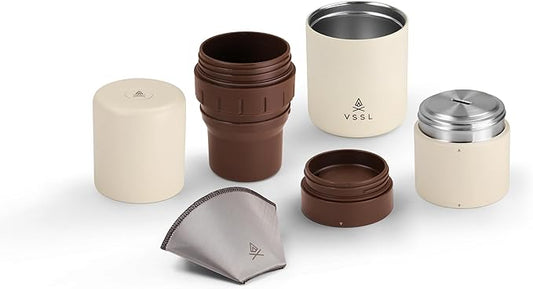 Nest Pour Over Coffee Kit | Coffee Maker for Camping | All-In-One Travel Pour Over | Transportable Dripper, Two 10oz Stainless Steel Travel Mugs | Compact Storage & Adventure Ready | Cream