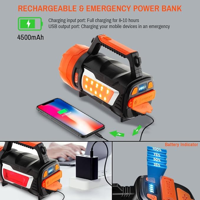 Rechargeable LED Lantern, Multi Function Camping Lantern, Hand Crank Flashlight, 6 Light Modes, IP64 Waterproof, Handheld Spotlight Flashlight Searchlight for Power Outage Hiking Emergency Hurricane