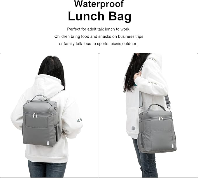 NOL Natural Organic Lifestyle Insulated Lunch Bags for Women Cooler Bag Lightweight Nylon Waterproof Lunch Box For Work (Gray, Large)