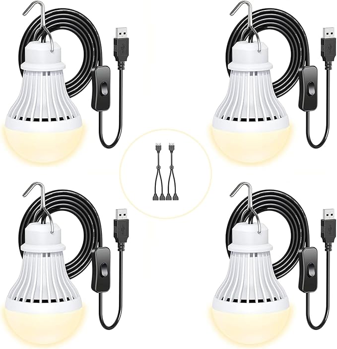 4 Pack USB Light Bulb, USB LED Camping Light Lantern, 8.2 ft Extra Length Cord Tent Light with USB Y-Cable, Portable LED Bulb for Garage Warehouse Car Truck Fishing Boat Room Emergency Light, Warm