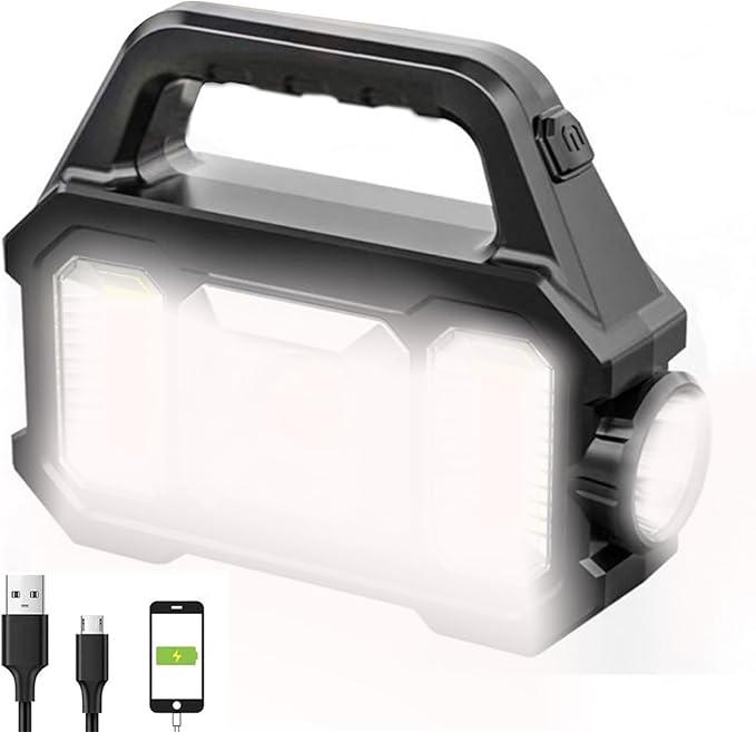 Solar Rechargeable LED Spotlight Flashlight, Super Bright 6000LM Handheld LED Searchlight, Multi-functional Portable Lamp Camping Lantern Flashlight, 6 Light Modes, Power Bank, IPX4 Waterproof