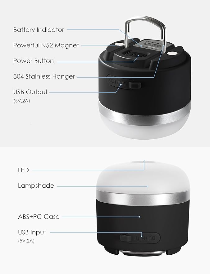 Joyzy Rechargeable LED Camping Lantern with 5 Light Modes, Adjustable Brightness Mini Hanging Lantern (Black)