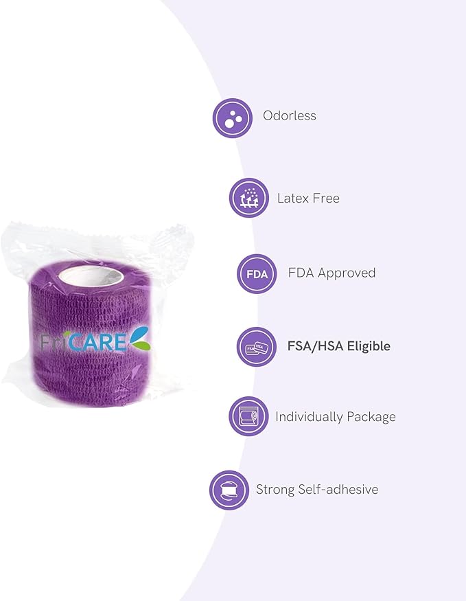 FriCARE Self Adhesive Bandage Wrap, Medical Tape in First Aid Kit, Cohesive Bandages for Wounds Sport Vet, FSA/HSA Eligible, 2 Inches X 5 Yards 6 Rolls, Purple