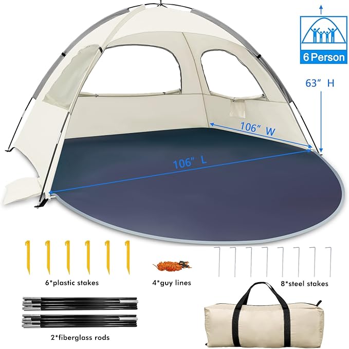 WhiteFang Beach Tent Anti-UV Portable Sun Shade Shelter for 3/4/6/8 Person, Extendable Floor with 3 Ventilating Mesh Windows Plus Carrying Bag, Stakes and Guy Lines