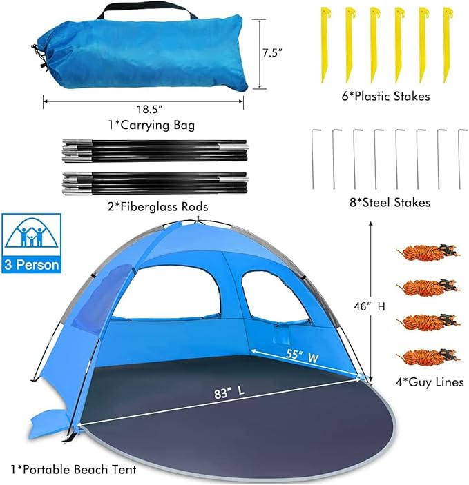 NXONE Beach Tent Sun Shade Shelter for 2-3 Person with UV Protection, Extended Floor, 3 Mesh Roll Up Windows & 8.0mm Fiberglass Rods丨Carry Bag Included (Sky Blue)
