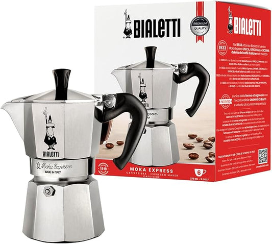Bialetti Moka Express Iconic Italian Stovetop Espresso Maker 6 Cups, Aluminium, Silver