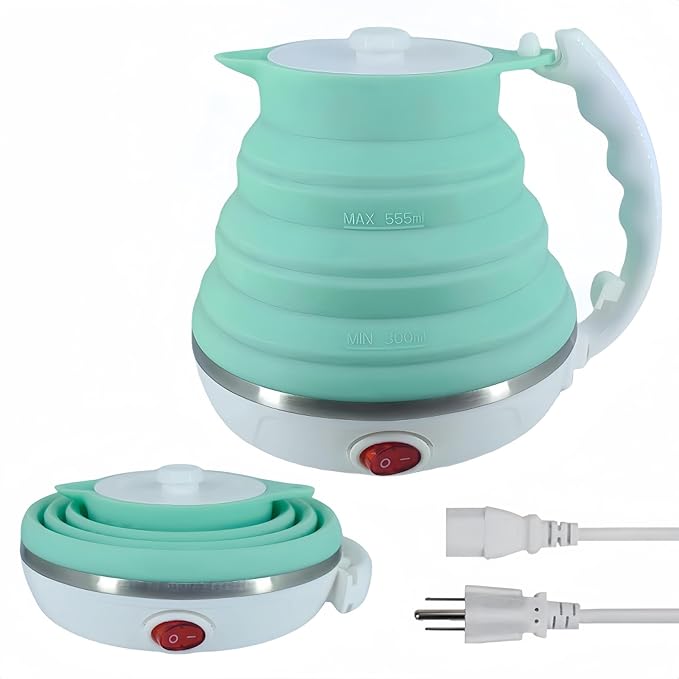 Travel Kettle, Portable Electric Kettle, Collapsible Tea Kettle Travel, Hot Water Boiler Electric, Food Grade Silicone, Auto Shut off and Keep Warm, 110V 555ml Green