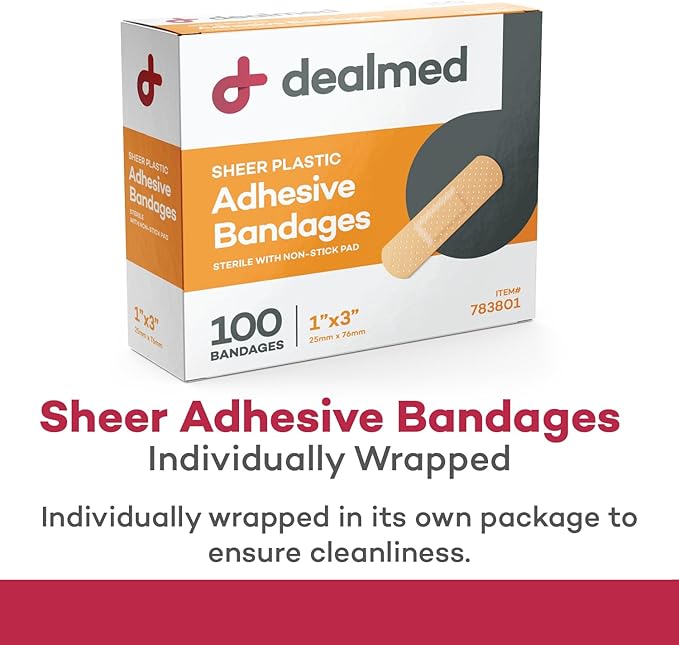 Dealmed Sheer Plastic Flexible Adhesive Bandages – 100 Count (24 Pack) Bandages with Non-Stick Pad, Latex Free, Wound Care for First Aid Kit, 1" x 3"