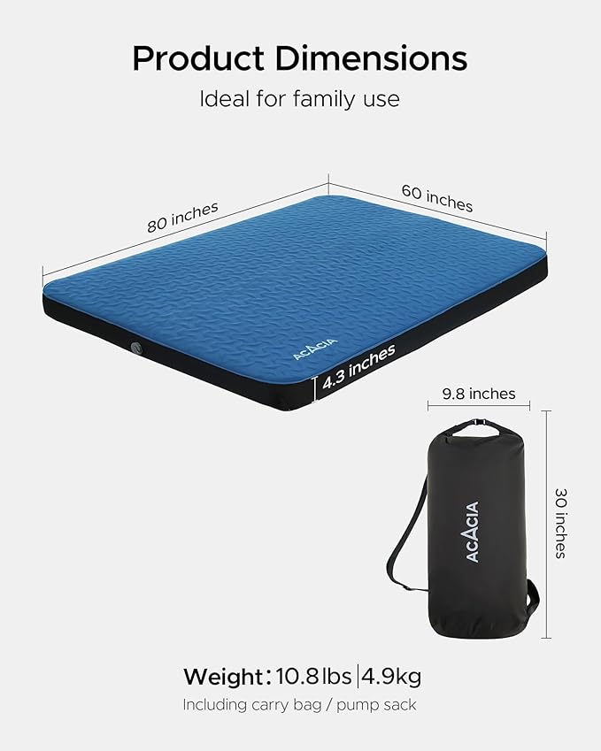 ACACIA 4.3" Thick Self Inflating Sleeping Pad with Foam | Innovative Y-Shaped Telescopic Structure | Ultraportable Camping Mattress | Outdoor Compact Air Mat for Tent Car |