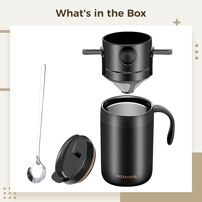 Pour Over Coffee Maker Camping Set, Stainless Steel Quality Design, Includes Filter and Spoon, Ideal for Travel Office and Home Use