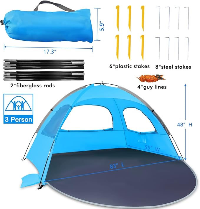 WhiteFang Beach Tent Anti-UV Portable Sun Shade Shelter for 3/4/6/8 Person, Extendable Floor with 3 Ventilating Mesh Windows Plus Carrying Bag, Stakes and Guy Lines