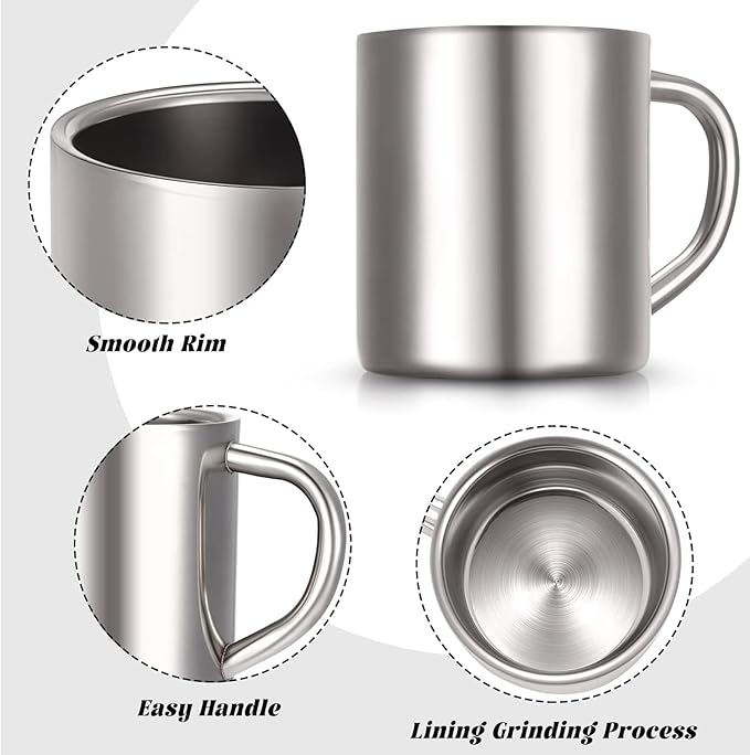 Cunhill 4 Set 13.5oz/400ml Stainless Steel Coffee Mug with Handle Metal Double Walled Cups Camping Mug Dishwasher Safe Tea Cups for Home Camping Travel Outdoors RV Keep Drinks Hot