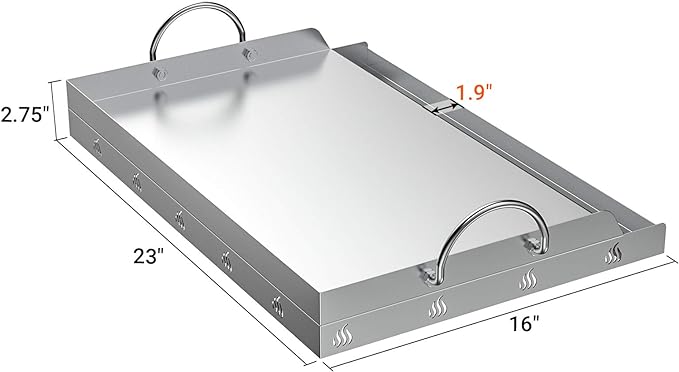 only fire Universal Stainless Steel Cooking Griddle, Flat Top Plate Insert with Grease Groove and Handles for Gas and Charcoal Grills, Tailgating, Camping and Parties, 23" x 16"
