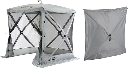 CLAM Quick Set Traveler 6 x 6 Ft Portable Outdoor 4 Sided Canopy, Gray + CLAM Quick Set Screen Hub Tent Wind & Sun Panels, Accessory Only, Gray