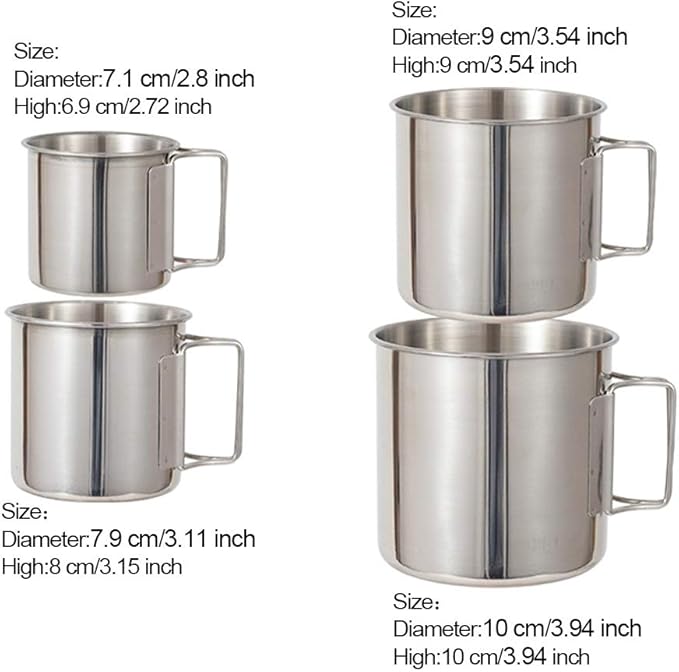 Camping Campfire Mug with Handle, Folding Big Stainless Steel Cup 4 Piece Set Backpacking Gear for Hiking, Hunting, Fishing and Survival Adventure.