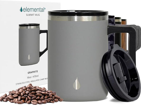 Elemental Insulated Coffee Mug - Triple-Wall Stainless Steel Summit Travel Cup for Hot and Cold Drinks - Thermal Coffee Mug with Lid and Handle for Camping, Office & Travel 16oz - Graphite