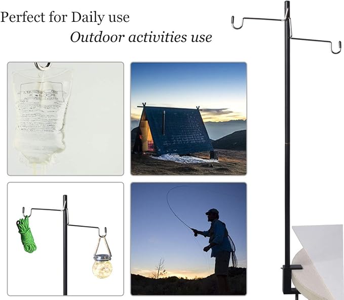 HIKEMAN Folding Lantern Stand Pole Portable Lamp Stand Hook Collapasible Light Stand Holder for Camping Fishing Picnic BBQ Outdoor Activities (Black)