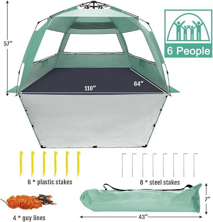 WhiteFang Deluxe Pop Up Beach Tent Sun Shade Shelter for 3-4/5-6 Person, UV Protection, Extendable Floor with 3 Ventilating Windows Plus Carrying Bag, Stakes, and Guy Lines