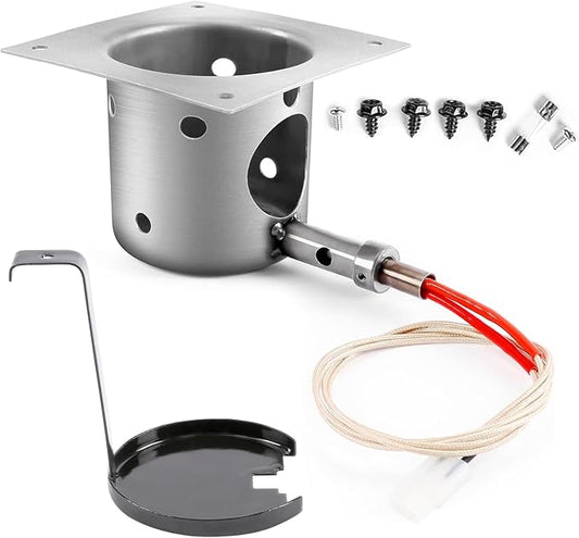 QuliMetal Fire Burn Pot and Hot Rod Ignitor Kit Replacement Parts for Traeger and Pit Boss Pellet Grills - Heavy Duty Fire Pot and Hot Rod/Grill Igniter with Ash Remover, Screws and Fuse