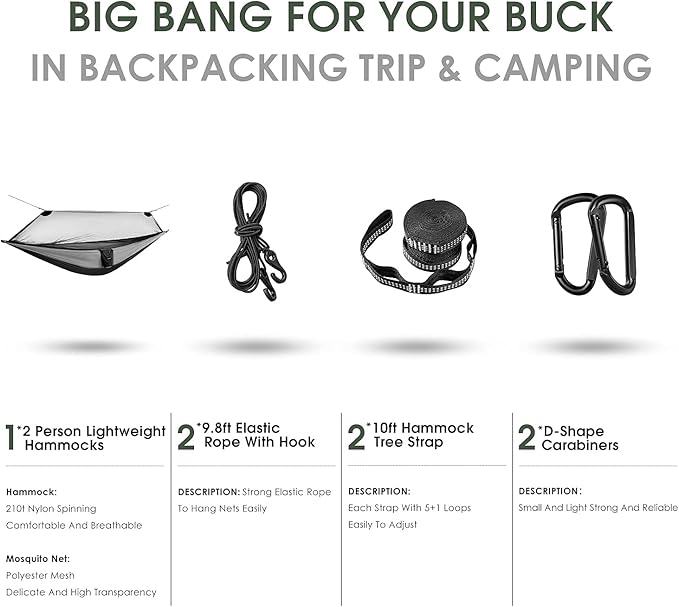 G4Free Large Camping Hammock with Mosquito Net 2 Person Pop-up Parachute Lightweight Hanging Hammocks Tree Straps Swing Bed for Outdoor Backpacking Backyard Hiking