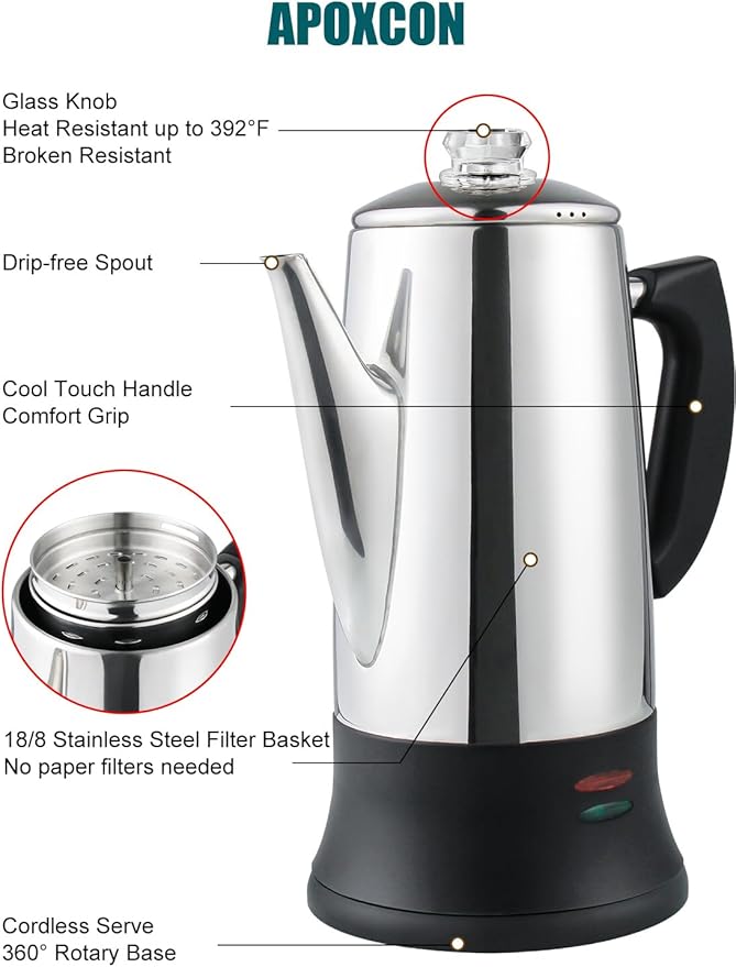 Electric Coffee Percolator Stainless Steel Coffee Maker with Two Heat Resistant Tough Glass Clear Brew Progress Knob Classic Look Keep Warm & Cordless Serving Coffee Pot 12 Cup