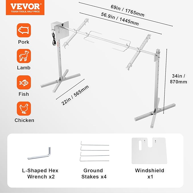 VEVOR 56-Inch Splicable Rotisserie Grill Kit, 132 lbs Sectional Spit Rod with Automatic 52W Motor & Heat Shield, Height Adjustable Spit Roaster Stand for Roasting Pig Lamb, Stainless Steel Grill