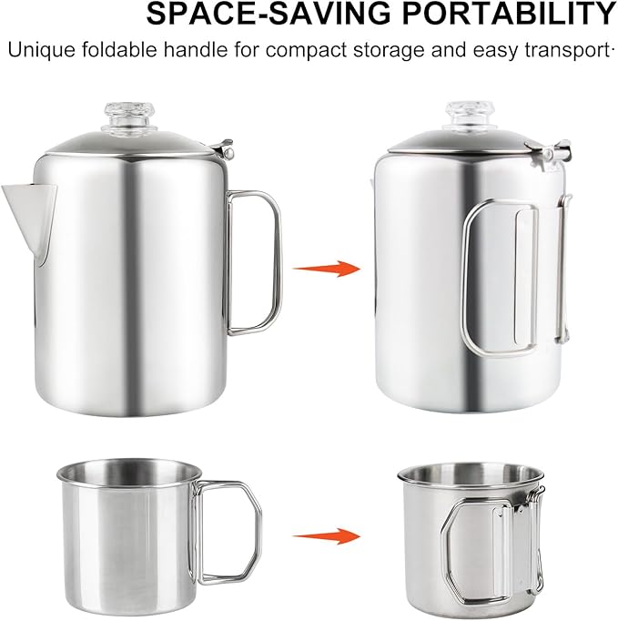 Coffee Percolator Bundle with 2 Mugs Stainless Steel Coffee Maker with Heat Resistant Tough Glass Knob & Foldable Handle Using on any Stovetop Outdoor Camping NO Aluminum NO Plastic (8 Cup)