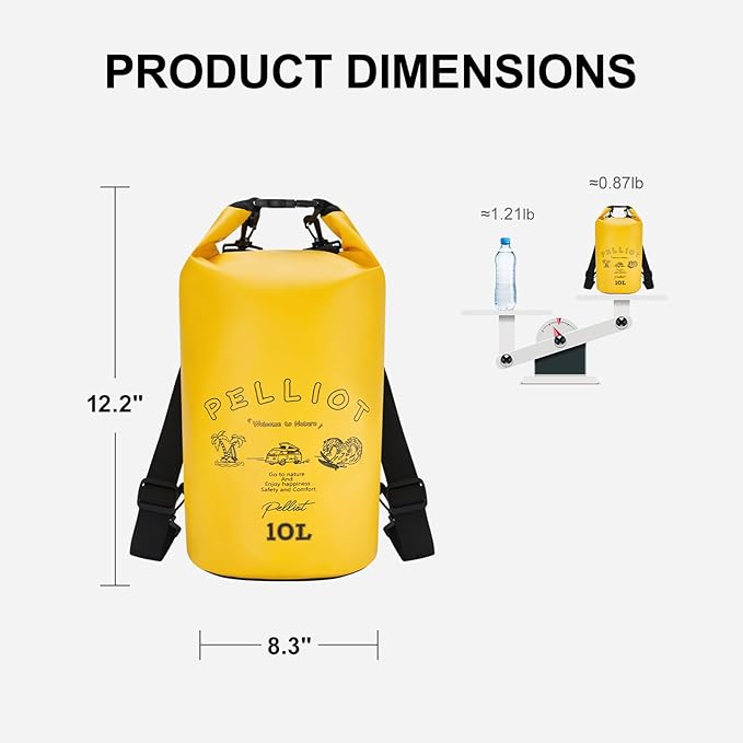 Waterproof Dry Bag 10L Tough & Water-repellent Storage Bag with Adjustable Shoulder Straps Lightweight Portable Backpack Dry Bags for Kayaking Yellow