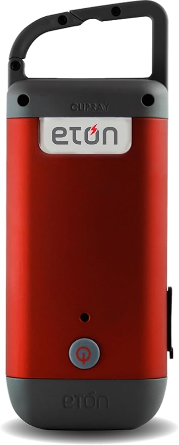 Eton Crank-Powered Clipray Flashlight & Smartphone Charger, Hand Crank Emergency Power, Portable LED Light with Carabiner Clip, Cherry Red