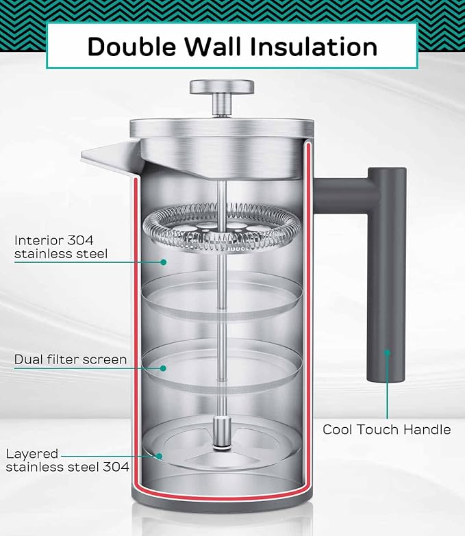 Coffee Gator French Press Coffee Maker - 34oz Double Insulated Stainless Steel Brewer plus Travel Jar Canister, Portable Hot Cold Brew Teapot Cafetera for Coffee Bar Accessories Kitchen Camping, Gray