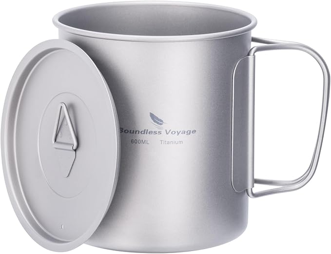 iBasingo 600ml Titanium Mug with Lid Tea Coffee Water Cup Outdoor Camping Pot Ultra-light Portable Hiking Backpacking Cooking Kit Picnic Tableware Drinkware with Foldable Handle Ti3036D