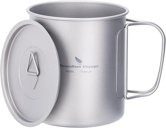 iBasingo 600ml Titanium Mug with Lid Tea Coffee Water Cup Outdoor Camping Pot Ultra-light Portable Hiking Backpacking Cooking Kit Picnic Tableware Drinkware with Foldable Handle Ti3036D